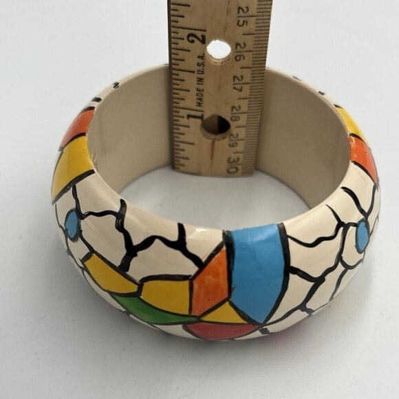 Vtg Retro Artisan Hand Painted Wood Geometric Crackle Bangle Bracelet 80s 90s - Picture 12 of 12